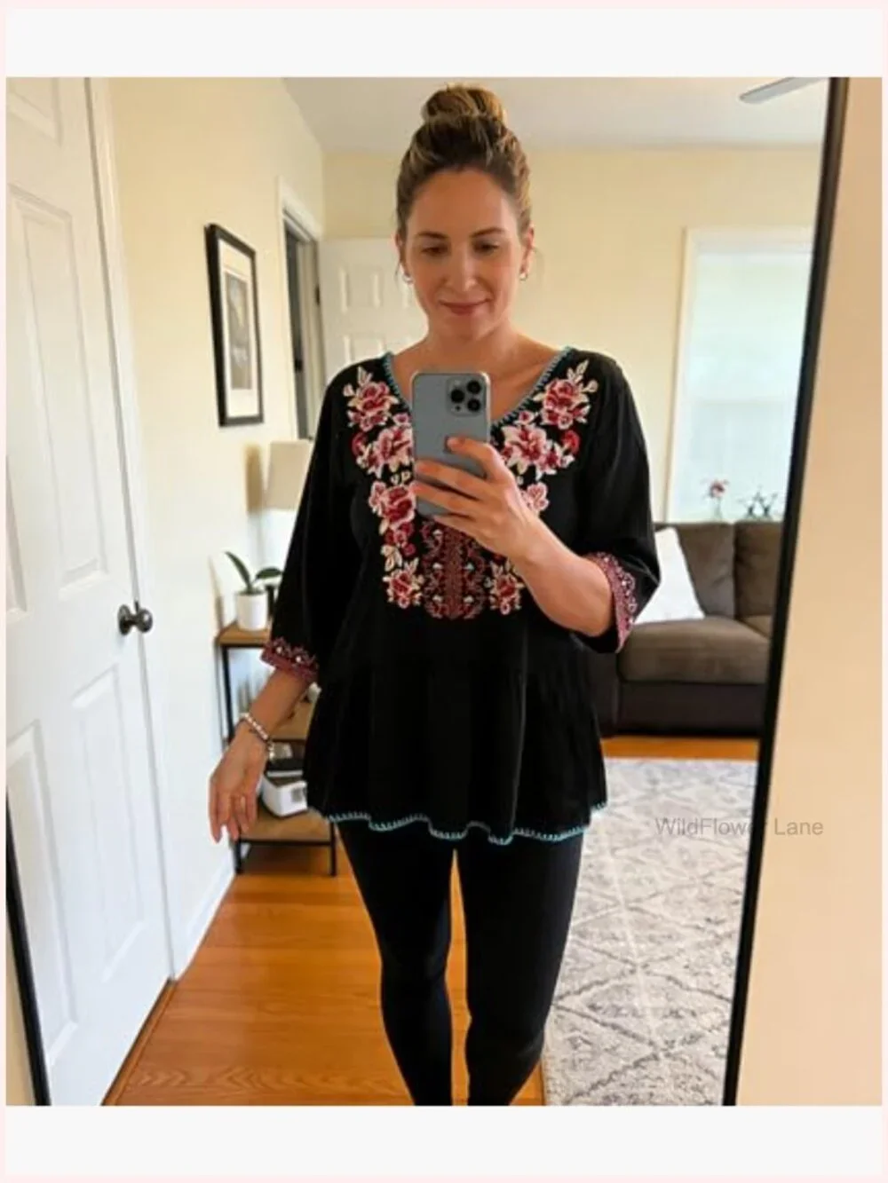 Mexican Embroidered Tunic Peasant Blouse Boho Cotton Top 3/4 Sleeve - Picture 4 of 6